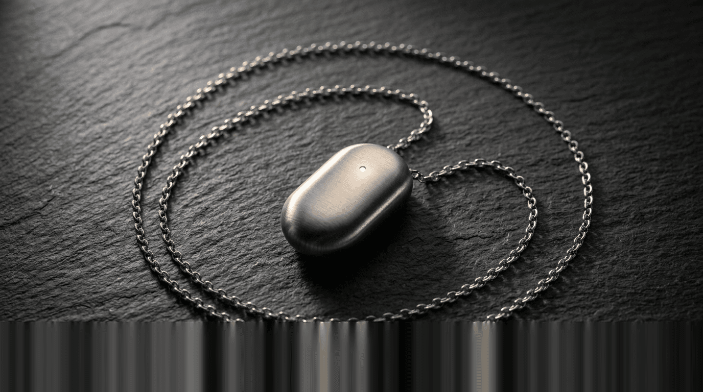 Anticipy pendant, chain, and wireless charging pad in flatlay.