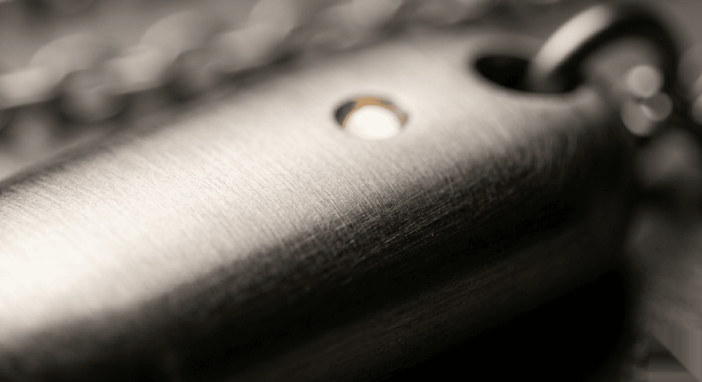 Extreme close-up of Anticipy pendant — brushed titanium surface and LED