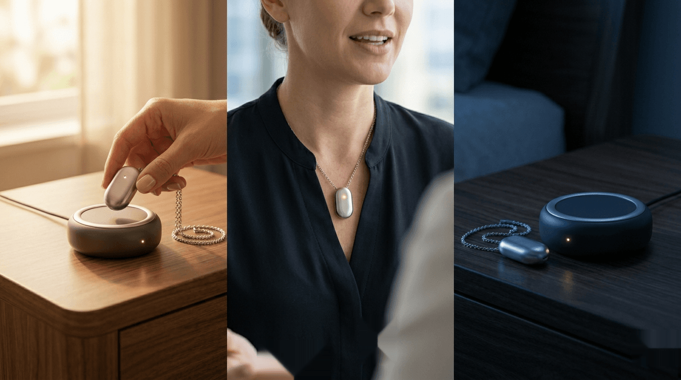 Anticipy pendant in daily life — charging, wearing, sleeping