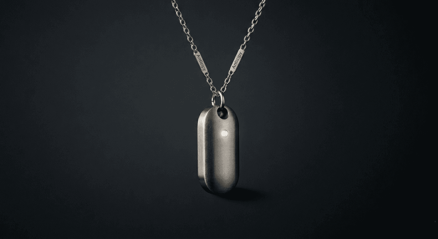 Anticipy pendant. Brushed titanium AI wearable on a chain.
